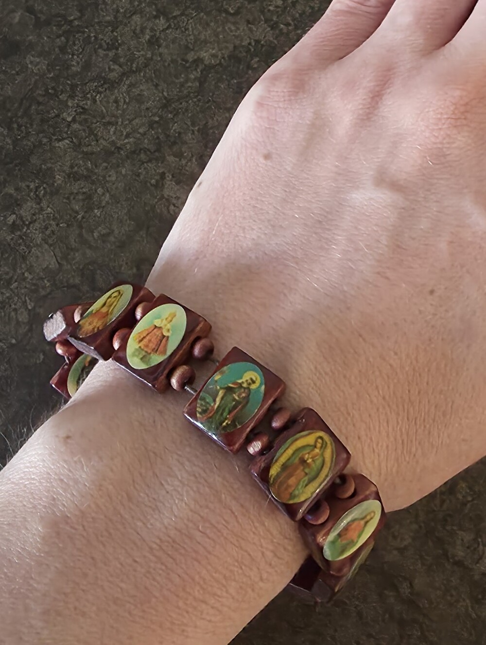 Catholic/Christian Wooden Beads With Inages Bracelet (Stretched Elastic)